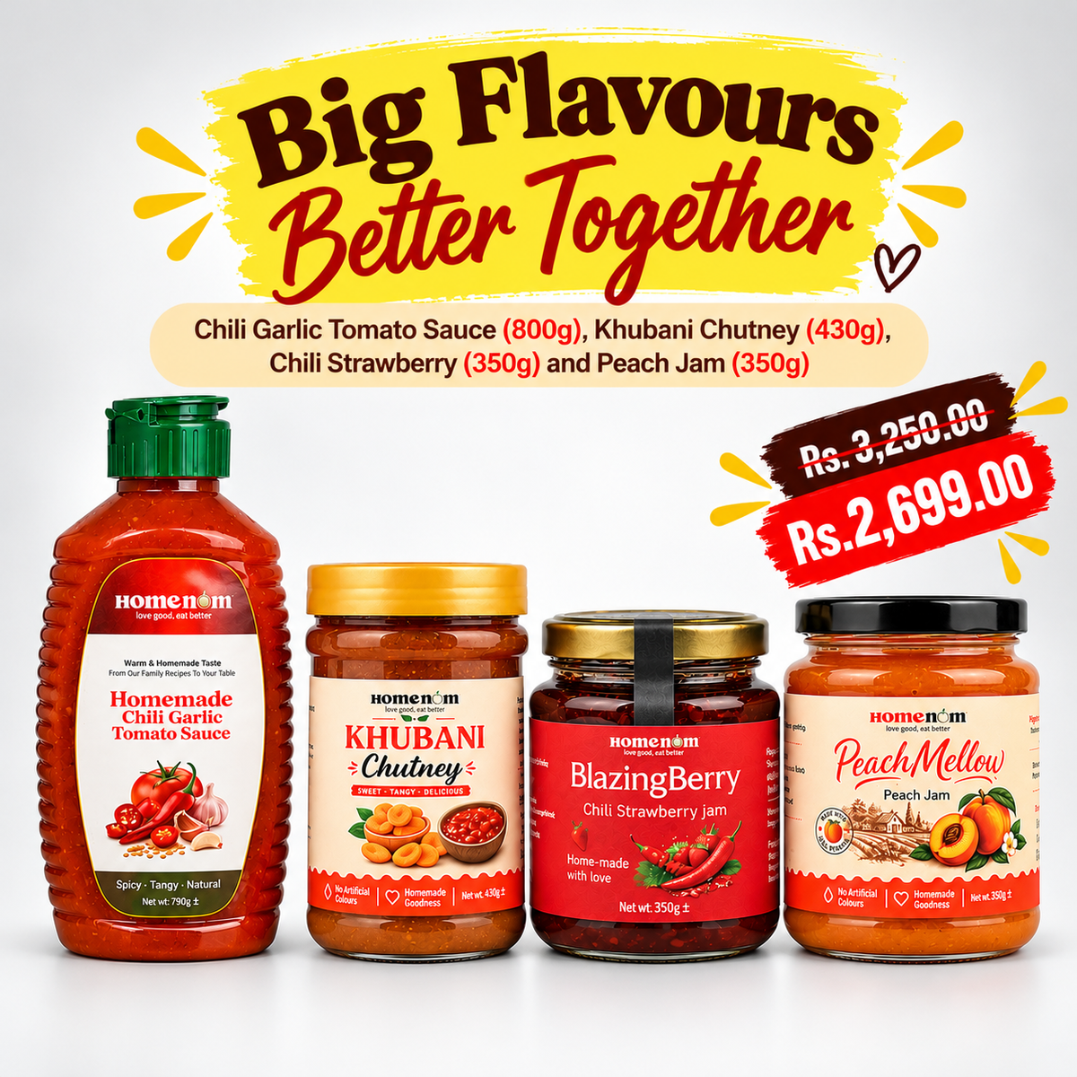 Bundle Offer – Big Flavours Better Together – Chili Garlic Tomato Sauce (800g), Khubani Chutney (430g), Chili Strawberry (350g) and Peach Jam (350g)