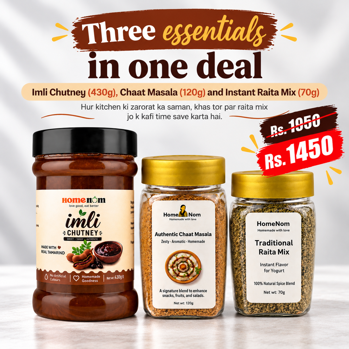 Three Essentials in one deal, Imli Chutney (430g), Chaat Masla (120g) and Instant Raita Mix (70g)