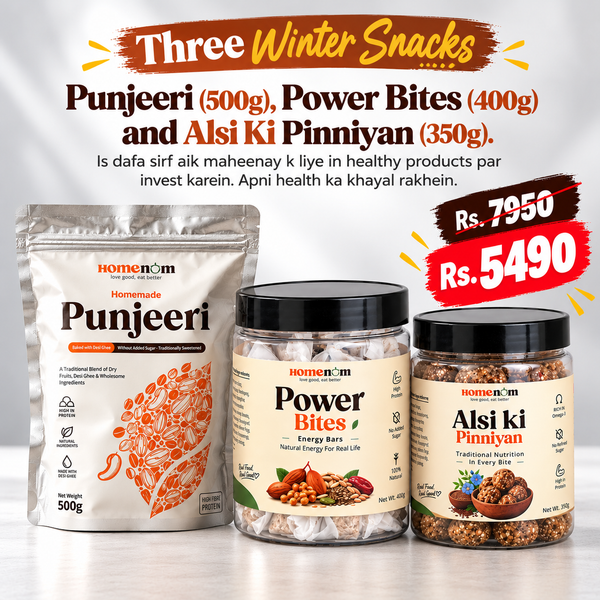 Three Winter Snacks; Punjeeri (500g), Power Bites (400g) and Alsi Ki Pinniyan (350g)